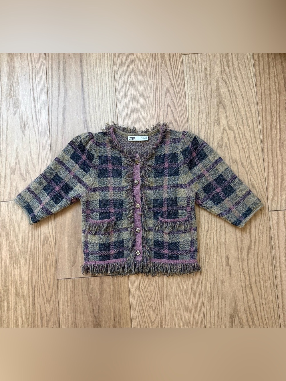 Zara Plaid Tweed Fringe Cardigan in Olive, Black & Mauve